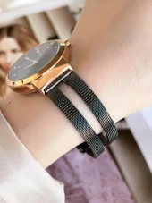 FERRO Siyah Hasır Kordonlu Renk Atmaz 30 Metre Suya Dayanıklı Özel Tasarım Kadın KolSaati 2996-R thumbnail 3