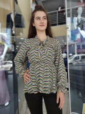 23018 Uzun Kollu Beli Lastikli Şifon Bluz - 1