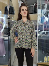 23018 Uzun Kollu Beli Lastikli Şifon Bluz - 2