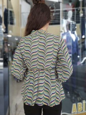 23018 Uzun Kollu Beli Lastikli Şifon Bluz - 4