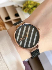 FERRO Siyah Hasır Kordonlu Renk Atmaz 30 Metre Suya Dayanıklı Özel Tasarım Kadın KolSaati 21153-R thumbnail 1