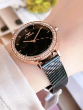 FERRO Siyah Hasır Kordonlu Renk Atmaz 30 Metre Suya Dayanıklı Özel Tasarım Kadın KolSaati 21242-R thumbnail 3