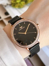 FERRO Siyah Hasır Kordonlu Renk Atmaz 30 Metre Suya Dayanıklı Özel Tasarım Kadın KolSaati 21242-R thumbnail 1