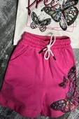 Kız Çocuk Kelebek ve Yazı Baskılı Penye Pembe Şortlu Takım thumbnail 3