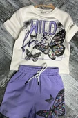 Kız Çocuk Kelebek ve Yazı Baskılı Penye Mor Şortlu Takım thumbnail 1