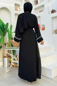 İnci Detaylı Abaya Elbise Takım 8493 Siyah thumbnail 6