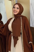 Taş İşleme Detaylı Kuşaklı Elbiseli Abaya Takım 3860 Kahverengi - 4
