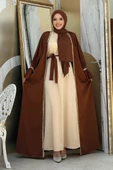 Taş İşleme Detaylı Kuşaklı Elbiseli Abaya Takım 3860 Kahverengi - 1