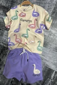 Kız Çocuk Flamingo Baskılı Kısa Kollu Mor Şortlu Takım thumbnail 3