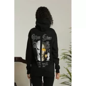 Sırt Baskılı Oversize Üç İplik Kapüşonlu Sweatshirt - Siyah - 1