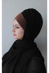 Kadın Tesettür Tek Bantlı Simli Hazır Trend Şal Siyaha Bakır thumbnail 4