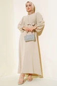Kuşak Taş Püsküllü Elbise Bej thumbnail 1