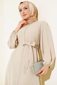 Kuşak Taş Püsküllü Elbise Bej thumbnail 2