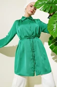 Bel İpli Omuz Büzgülü Gömlek Yeşil thumbnail 1
