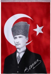 Türk Bayrağı Kalpaklı Atatürk Posterli Saten Türk Bayrağı K.Atatürk İmzalı Türk Bayrağı 70x100 - 3