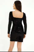 Zincir Detay Önü Büzgülü Kadın Mini Elbise - Siyah thumbnail 9