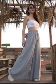 Geniş Kemerli Bol Paça Düz Keten Kadın Pantolon - Gri thumbnail 3