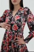 Çiçek Desenli Saten Elbise - Siyah thumbnail 6