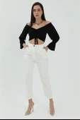 Yüksek Bel Önü Pileli Havuç Pantolon - Ekru thumbnail 2