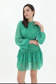 Büzgülü Puantiyeli Şifon Elbise - Yeşil thumbnail 2