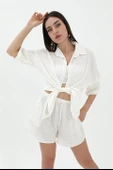 Pamuk Keten Şort Gömlek Kadın İkili Takım - Ekru thumbnail 3