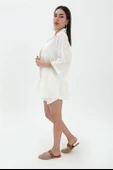 Pamuk Keten Şort Gömlek Kadın İkili Takım - Ekru thumbnail 6