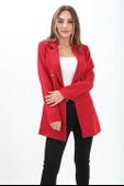 Omuzları Vatkalı Önü Çıtçıtlı Atlas Kumaş Kadın Blazer Ceket - Kırmızı - 5