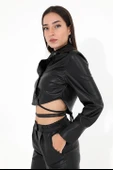 İçi Kadife Bağcıklı Kadın Kısa Deri Gömlek - Siyah thumbnail 4
