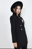 Omuzları Vatkalı Önü Çıtçıtlı Atlas Kumaş Kadın Blazer Ceket - Siyah thumbnail 6