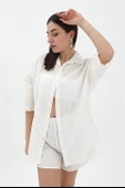 Pamuk Keten Şort Gömlek Kadın İkili Takım - Ekru thumbnail 2