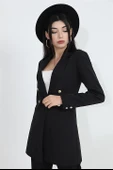 Omuzları Vatkalı Önü Çıtçıtlı Atlas Kumaş Kadın Blazer Ceket - Siyah thumbnail 4