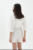 Pamuk Keten Şort Gömlek Kadın İkili Takım - Ekru thumbnail 5