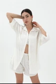 Pamuk Keten Şort Gömlek Kadın İkili Takım - Ekru thumbnail 1