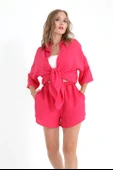 Pamuk Keten Şort Gömlek Kadın İkili Takım - Fuşya thumbnail 2