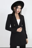 Omuzları Vatkalı Önü Çıtçıtlı Atlas Kumaş Kadın Blazer Ceket - Siyah thumbnail 7
