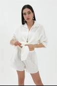 Pamuk Keten Şort Gömlek Kadın İkili Takım - Ekru thumbnail 4
