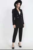 Omuzları Vatkalı Önü Çıtçıtlı Atlas Kumaş Kadın Blazer Ceket - Siyah thumbnail 1