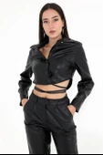 İçi Kadife Bağcıklı Kadın Kısa Deri Gömlek - Siyah thumbnail 1