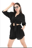 Pamuk Keten Şort Gömlek Kadın İkili Takım - Siyah thumbnail 4