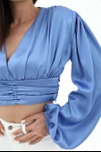 Beli Drapeli Balon Kol Bluz - Mavi thumbnail 5
