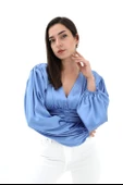 Beli Drapeli Balon Kol Bluz - Mavi thumbnail 1