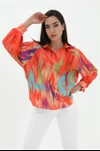 Reglan Kol Önü Kısa Arkası Uzun Fırça Baskılı Gömlek - Turuncu thumbnail 1