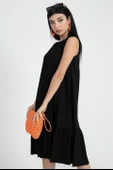 Kristal Keten Kolsuz Kadın Salaş Elbise - Siyah thumbnail 5
