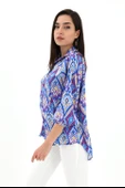 Reglan Kol Baskılı Saten Gömlek - Mavi - 3