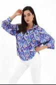 Reglan Kol Baskılı Saten Gömlek - Mavi - 2