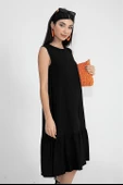 Kristal Keten Kolsuz Kadın Salaş Elbise - Siyah thumbnail 4