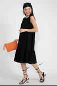 Kristal Keten Kolsuz Kadın Salaş Elbise - Siyah thumbnail 3