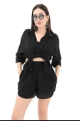 Pamuk Keten Şort Gömlek Kadın İkili Takım - Siyah thumbnail 6