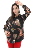 Çiçek Baskılı Saten Gömlek - Siyah thumbnail 2