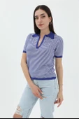 İnce Çizgili Polo Yaka Triko Kazak - SaksMavisi thumbnail 2